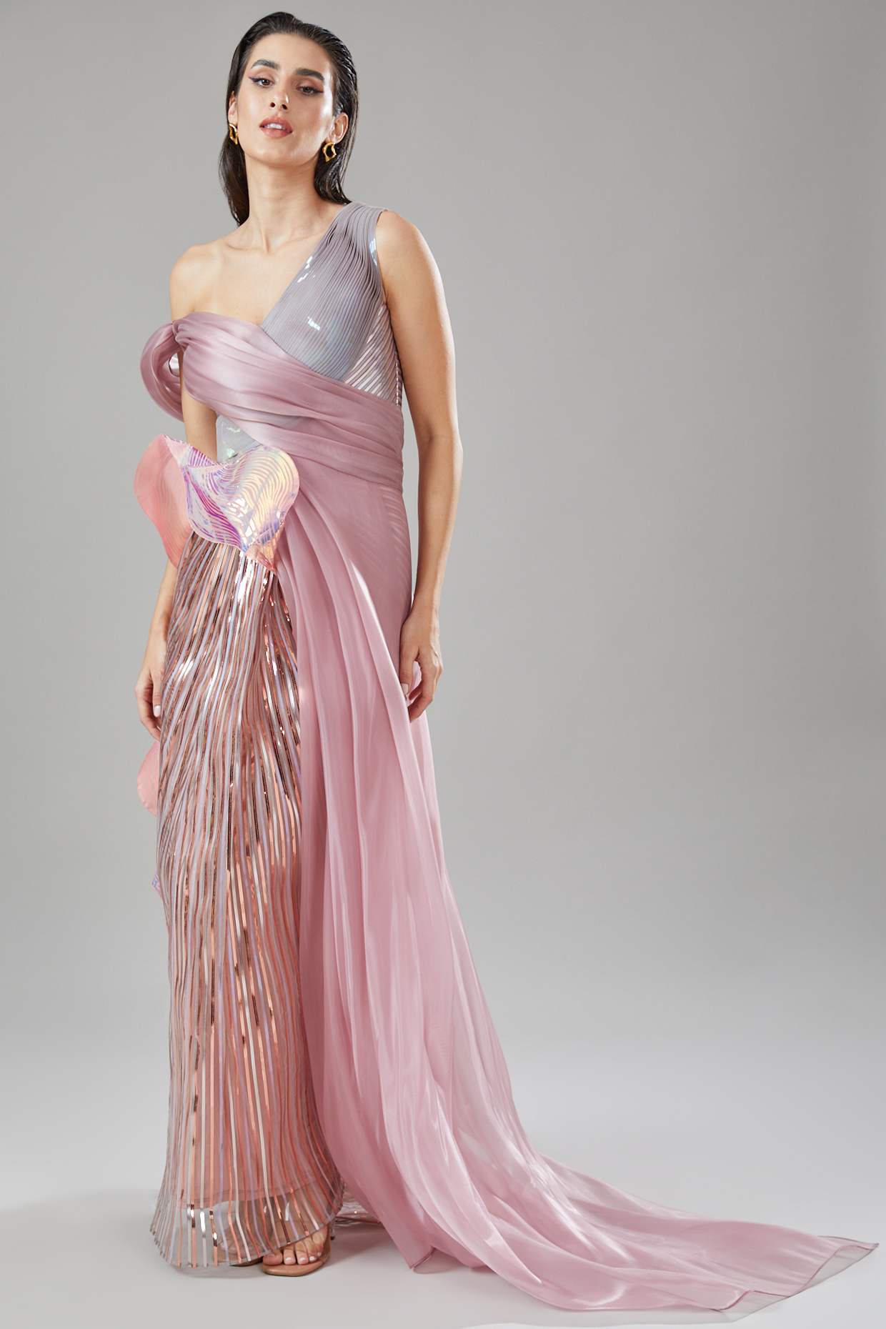 Blush Pink Metallic Mesh Fabric Draped Wedding Gown by Amit Aggarwal at Pernia's Pop Up Shop