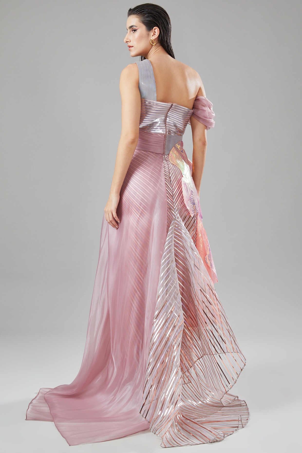 Blush Pink Mesh Fabric Draped Gown Design by Amit Aggarwal at Pernia's Pop  Up Shop 2024