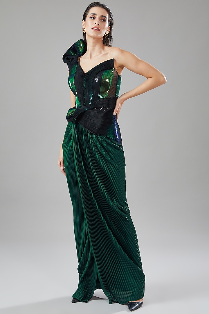 Emerald Green Metallic Jersey Moulded Wedding Gown by Amit Aggarwal at Pernia's Pop Up Shop