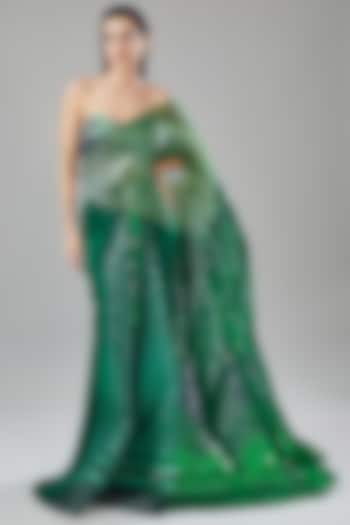 Emerald Green Metallic Tulle & Jersey Saree Set by Amit Aggarwal