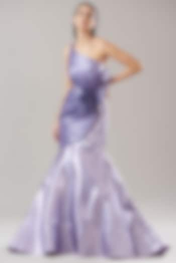 Lilac Handwoven Metallic Textile Draped Bridal Gown by Amit Aggarwal at Pernia's Pop Up Shop