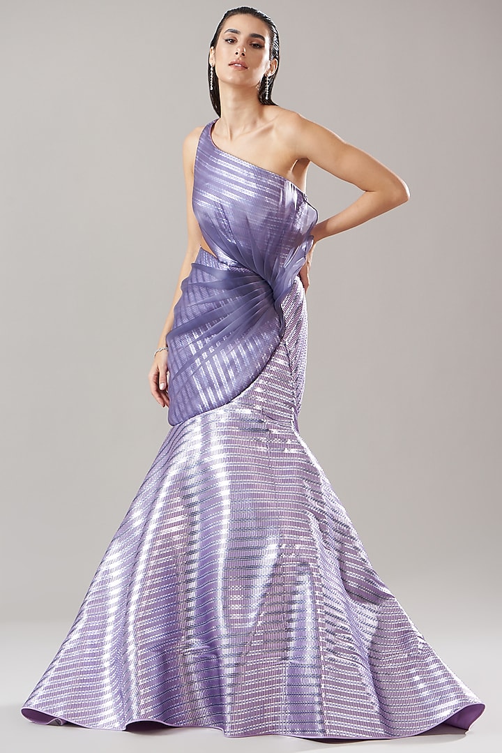 Lilac Handwoven Metallic Textile Draped Bridal Gown by Amit Aggarwal at Pernia's Pop Up Shop