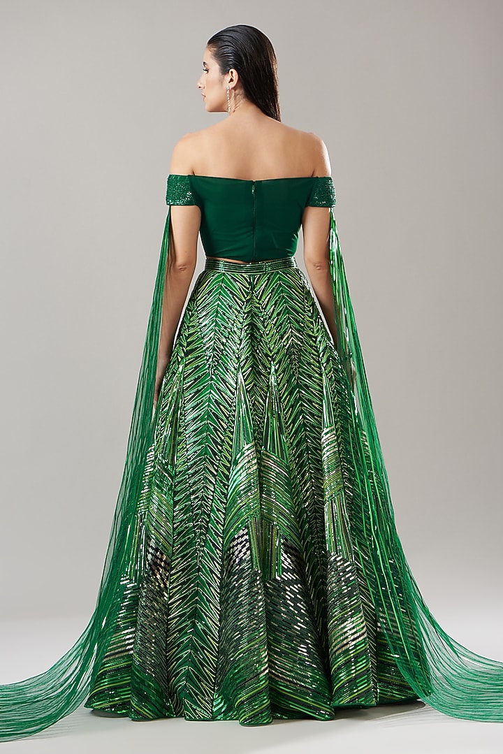 Emerald Green Mesh Fabric Hand Embroidered Bridal Lehenga Set by Amit Aggarwal at Pernia's Pop Up Shop