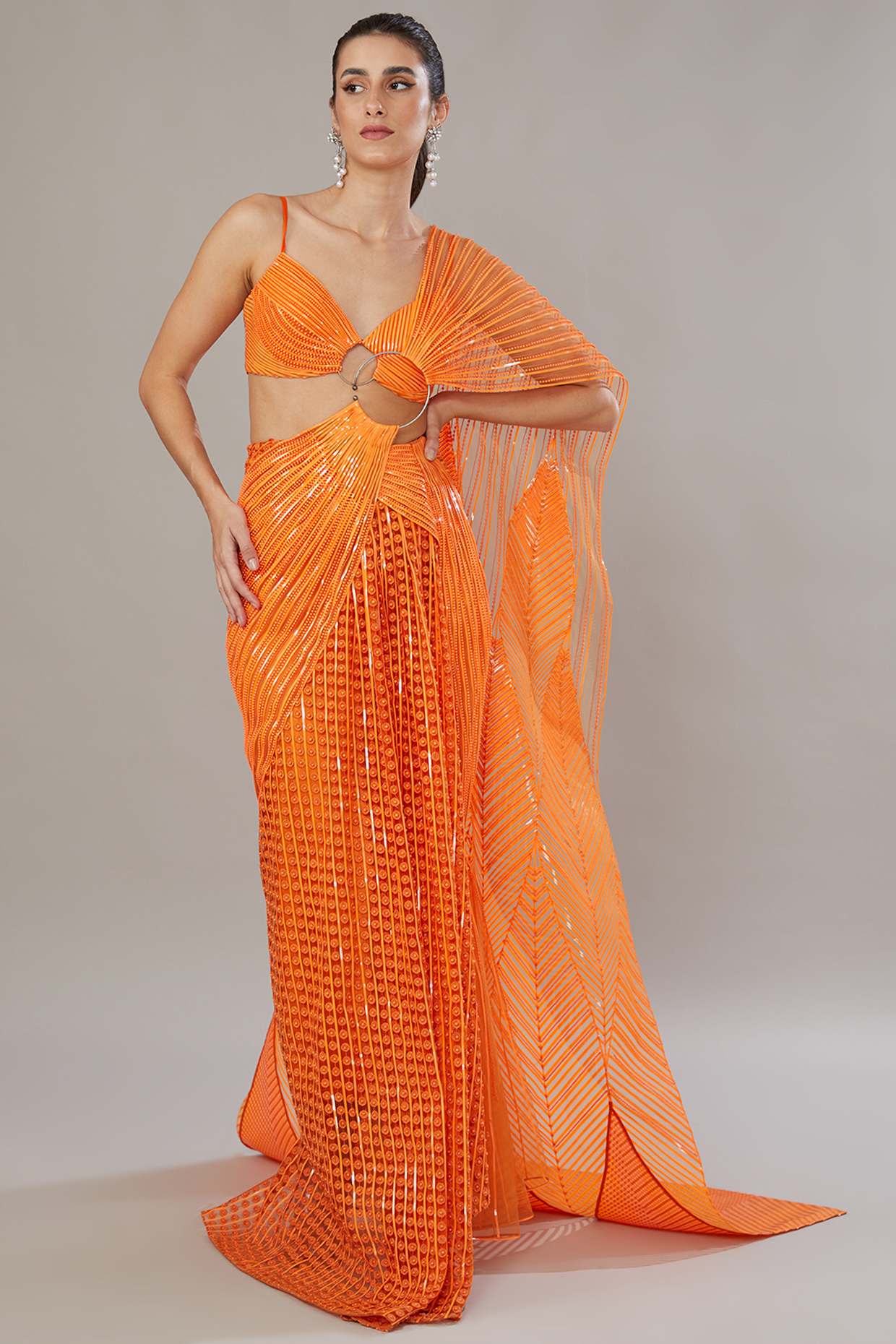Orange Tulle & Striped Bridal Saree Set by Amit Aggarwal at Pernia's Pop Up Shop