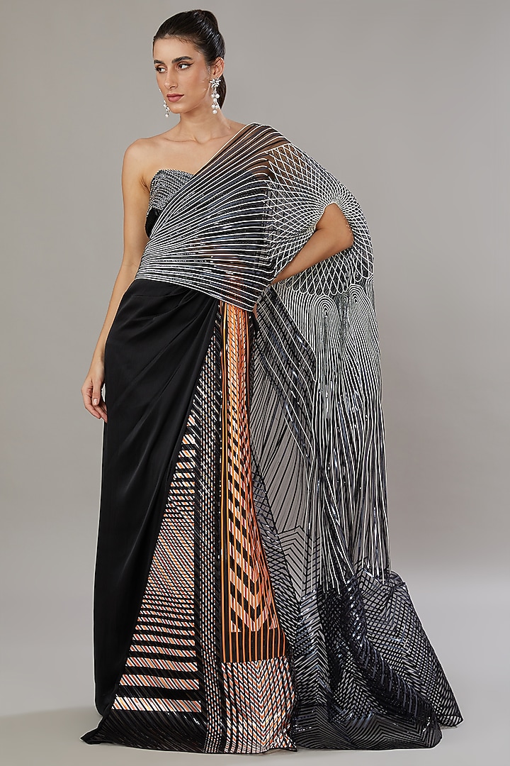 Black & Ivory Tulle Bridal Saree Set by Amit Aggarwal at Pernia's Pop Up Shop