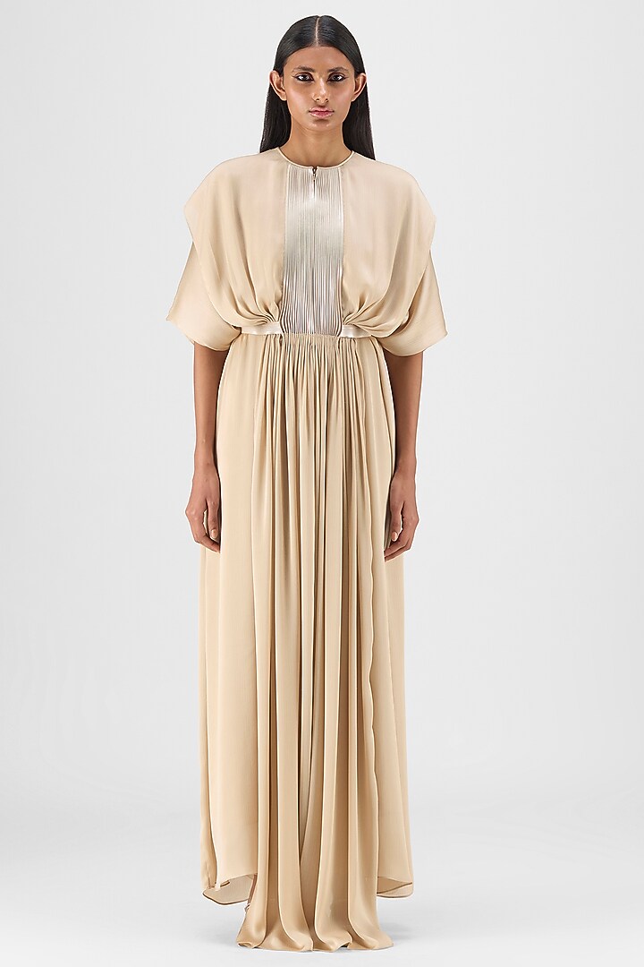 Sand Beige Chiffon & Polyester Layered Fluid Cocktail Dress by Amit Aggarwal at Pernia's Pop Up Shop