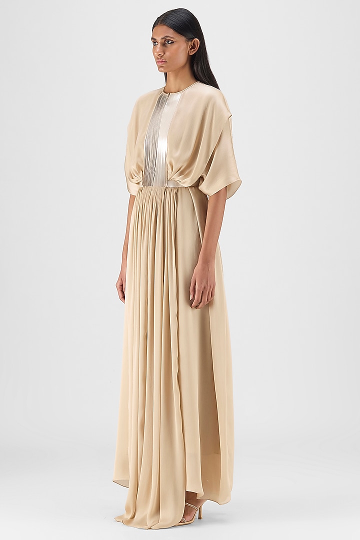Sand Beige Chiffon & Polyester Layered Fluid Cocktail Dress by Amit Aggarwal at Pernia's Pop Up Shop
