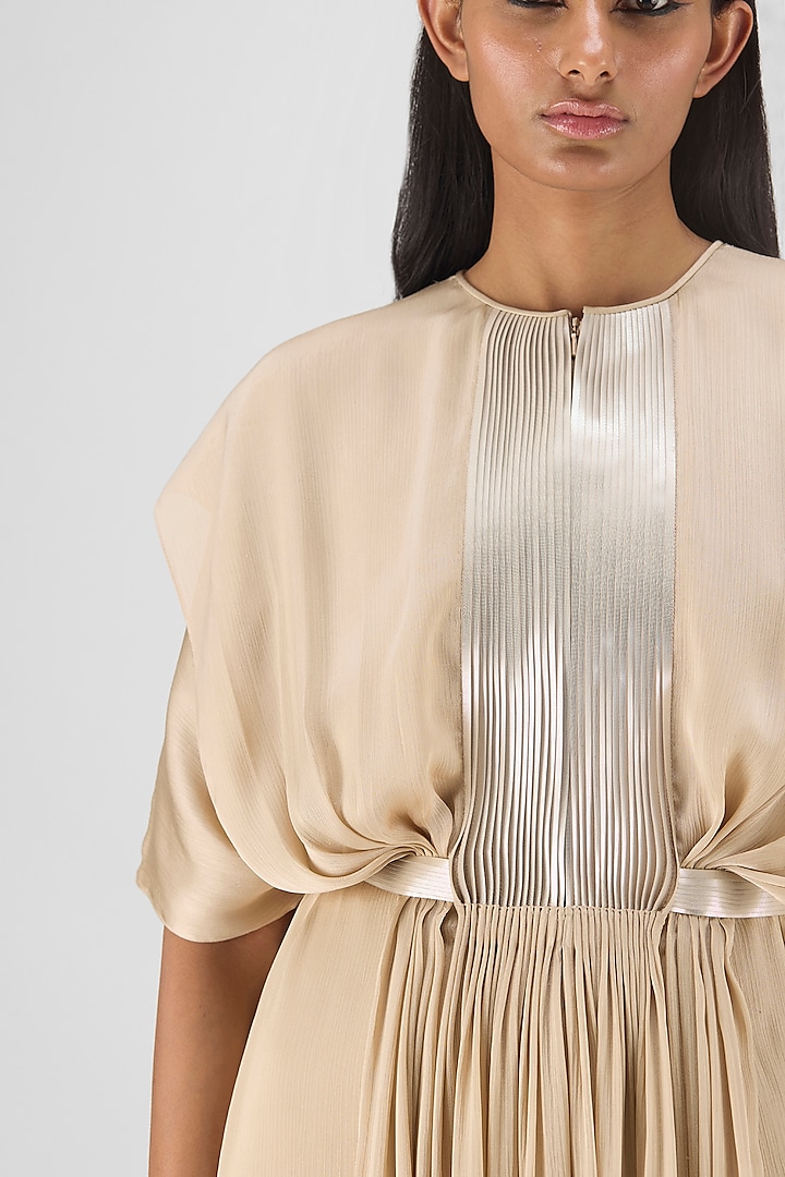 Sand Beige Chiffon & Polyester Layered Fluid Cocktail Dress by Amit Aggarwal at Pernia's Pop Up Shop