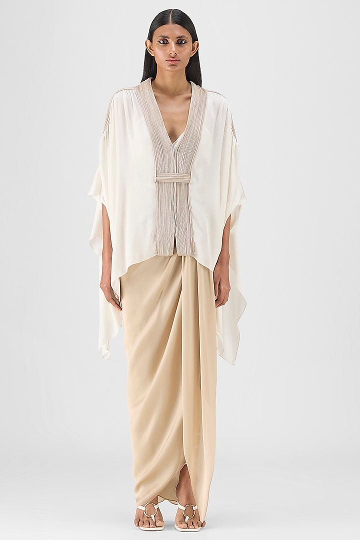 Sand Beige Chiffon & Polyester Draped Skirt Set by Amit Aggarwal at Pernia's Pop Up Shop