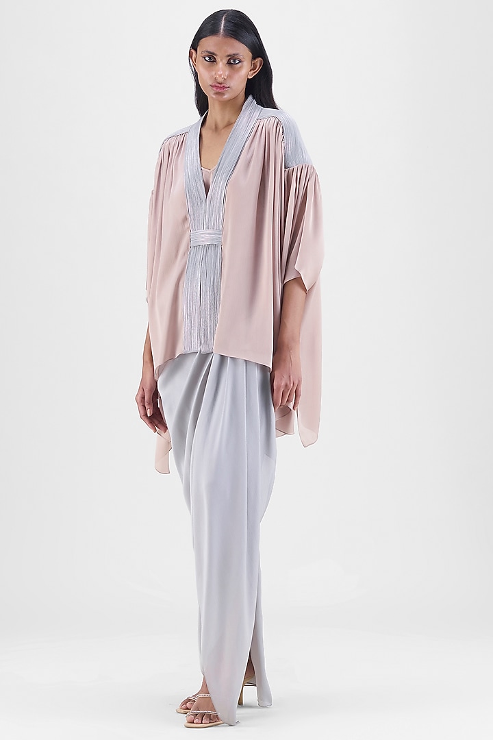 Steel Grey Chiffon & Polyester Draped Skirt Set by Amit Aggarwal at Pernia's Pop Up Shop