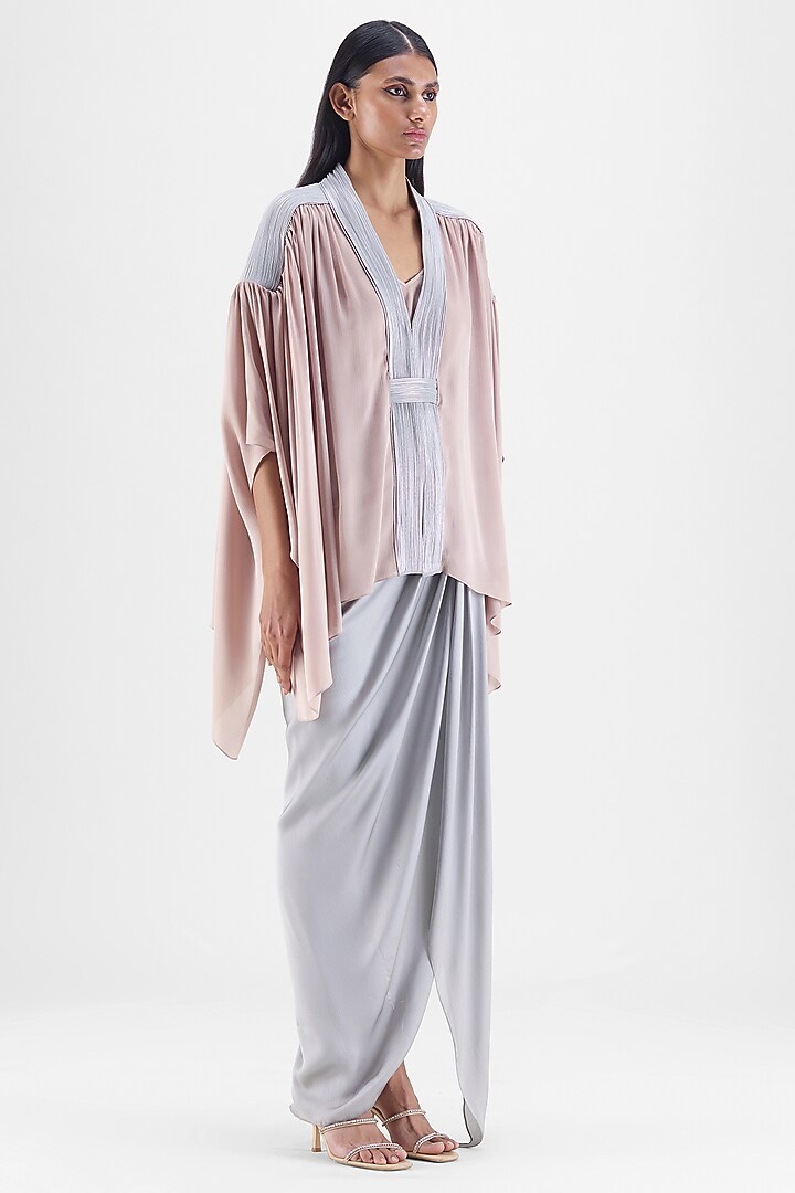 Steel Grey Chiffon & Polyester Draped Skirt Set by Amit Aggarwal at Pernia's Pop Up Shop