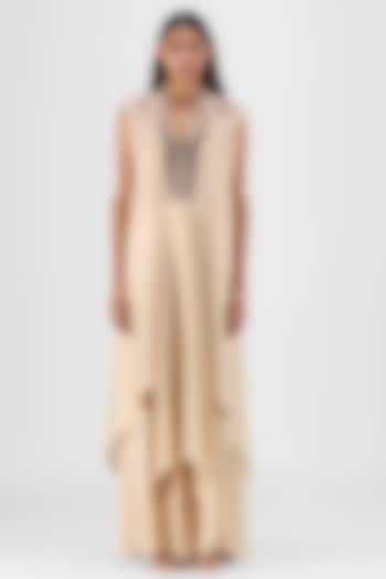 Sand Beige Chiffon & Polyester Layered Fluid Cocktail Dress by Amit Aggarwal at Pernia's Pop Up Shop