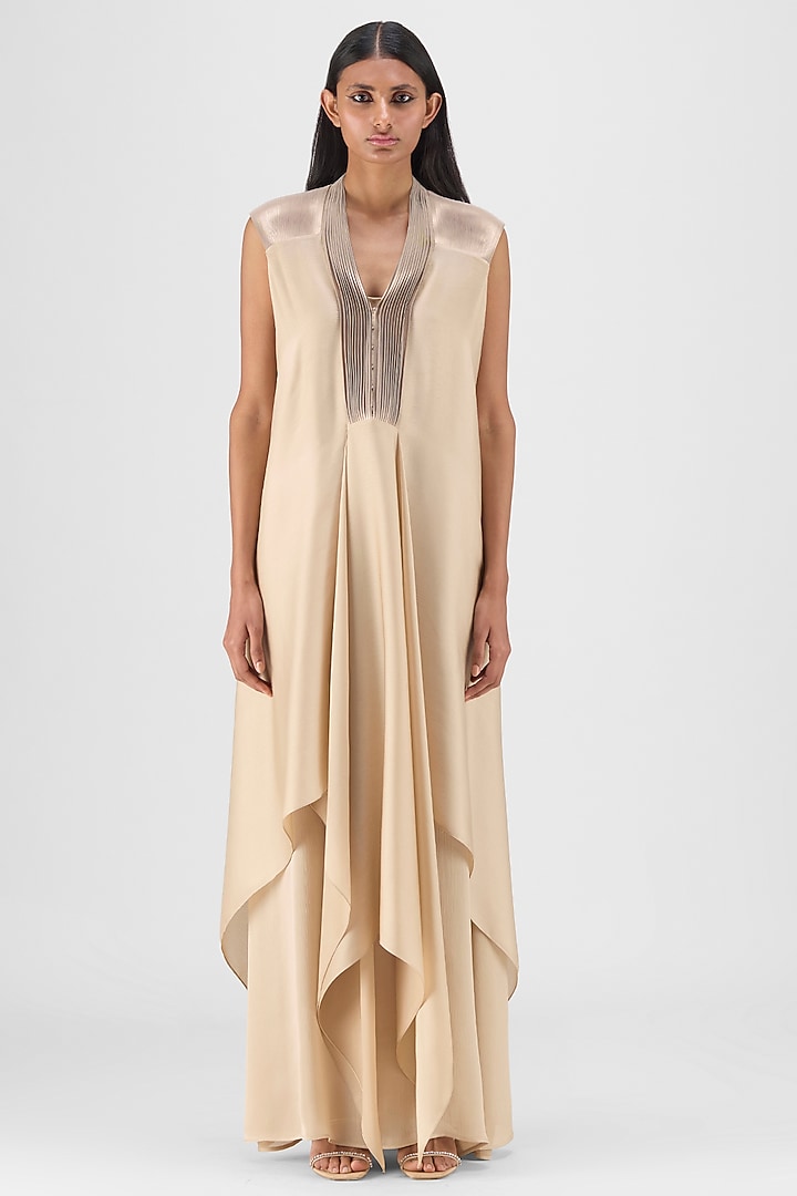 Sand Beige Chiffon & Polyester Layered Fluid Cocktail Dress by Amit Aggarwal at Pernia's Pop Up Shop