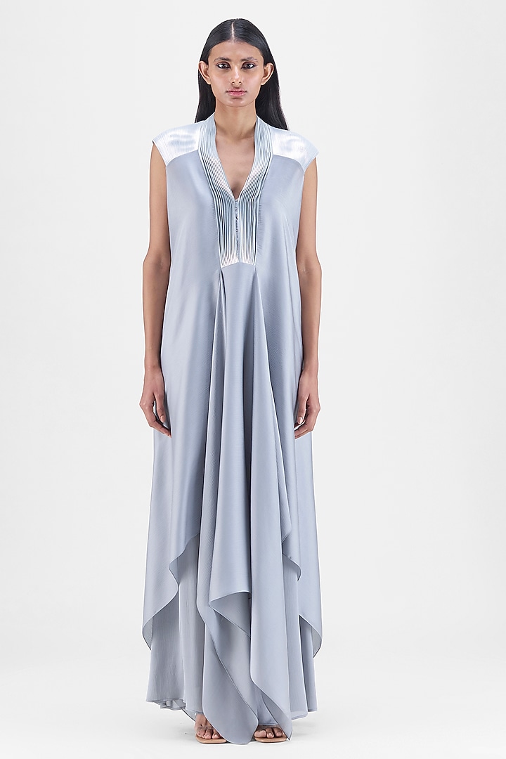 Steel Grey Chiffon & Polyester Layered Fluid Cocktail Dress by Amit Aggarwal at Pernia's Pop Up Shop