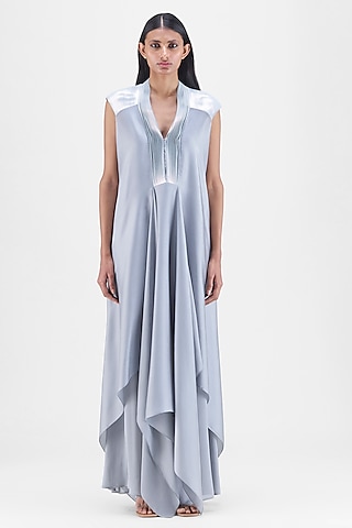 Steel Grey Chiffon & Polyester Layered Fluid Dress by Amit Aggarwal