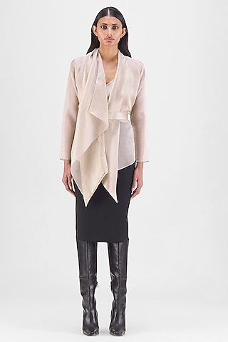 Sand Beige Ribbed Organza & Polyester Draped Wrap Shirt by Amit Aggarwal
