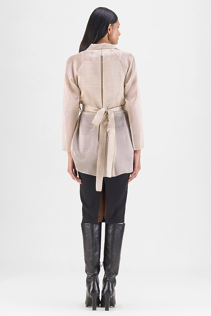 Sand Beige Ribbed Organza & Polyester Draped Wrap Shirt by Amit Aggarwal at Pernia's Pop Up Shop