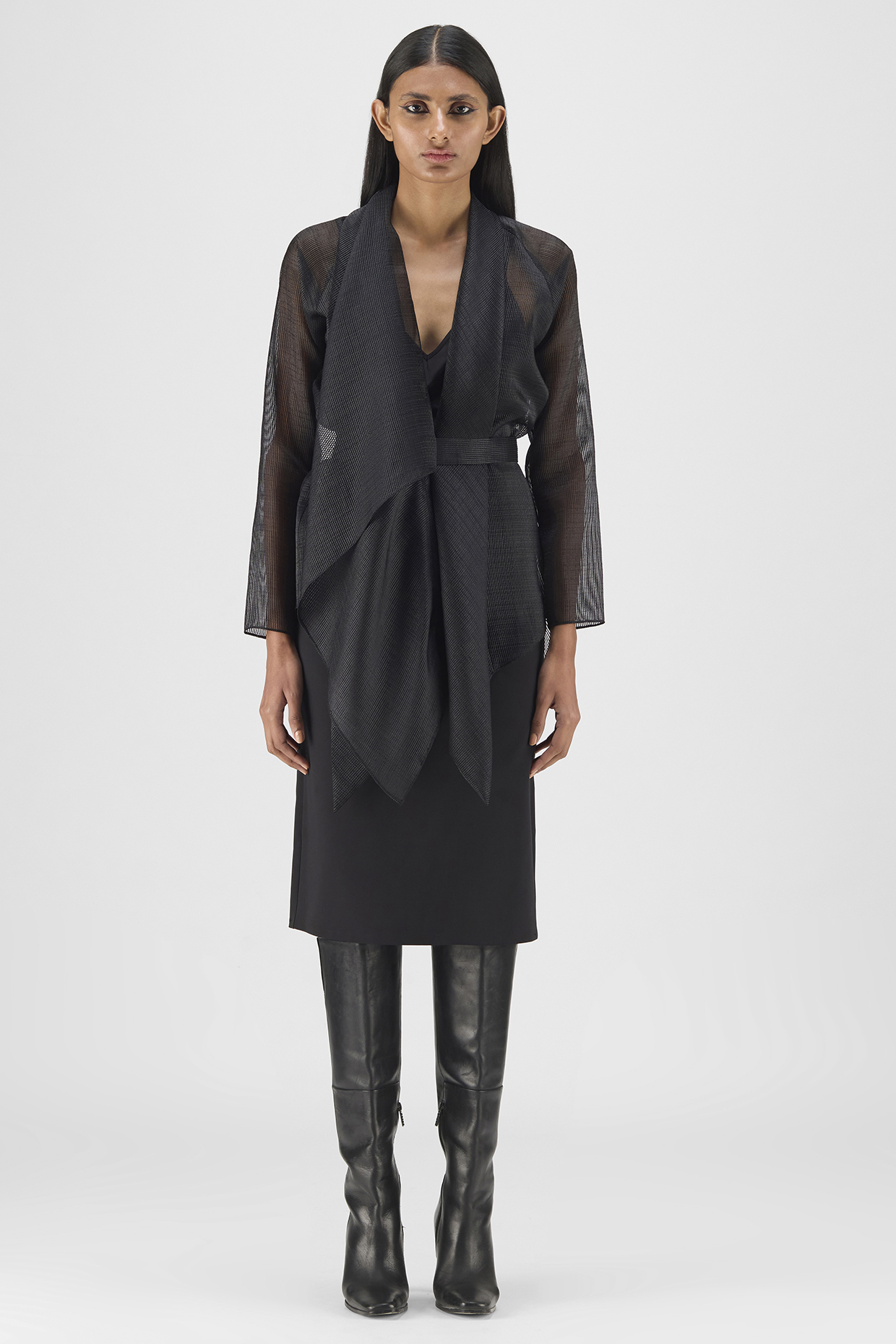 Black Ribbed Organza & Polyester Draped Wrap Shirt by Amit Aggarwal at Pernia's Pop Up Shop