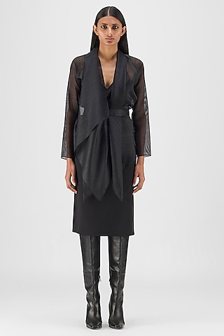 Black Ribbed Organza & Polyester Draped Wrap Shirt by Amit Aggarwal