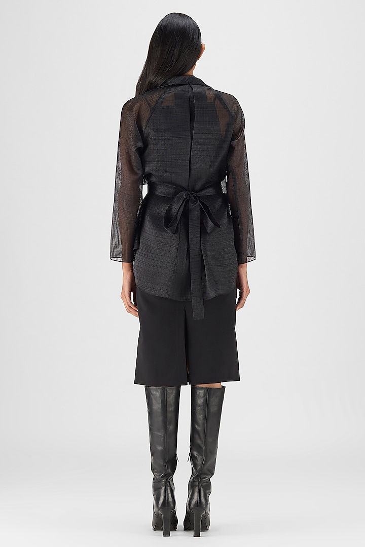 Black Ribbed Organza & Polyester Draped Wrap Shirt by Amit Aggarwal at Pernia's Pop Up Shop
