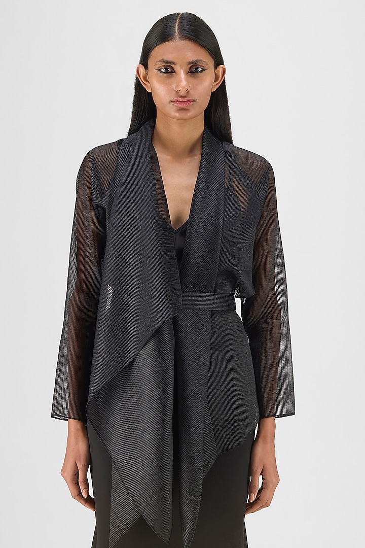 Black Ribbed Organza & Polyester Draped Wrap Shirt by Amit Aggarwal at Pernia's Pop Up Shop