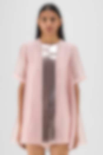 Rose Pink Ribbed Organza & Polyester Draped Wrap Shirt by Amit Aggarwal at Pernia's Pop Up Shop