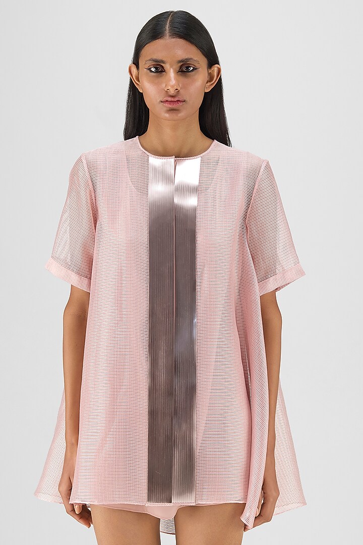 Rose Pink Ribbed Organza & Polyester Draped Wrap Shirt by Amit Aggarwal at Pernia's Pop Up Shop