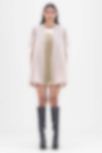 Sand Beige Ribbed Organza & Polyester Draped Wrap Shirt by Amit Aggarwal at Pernia's Pop Up Shop