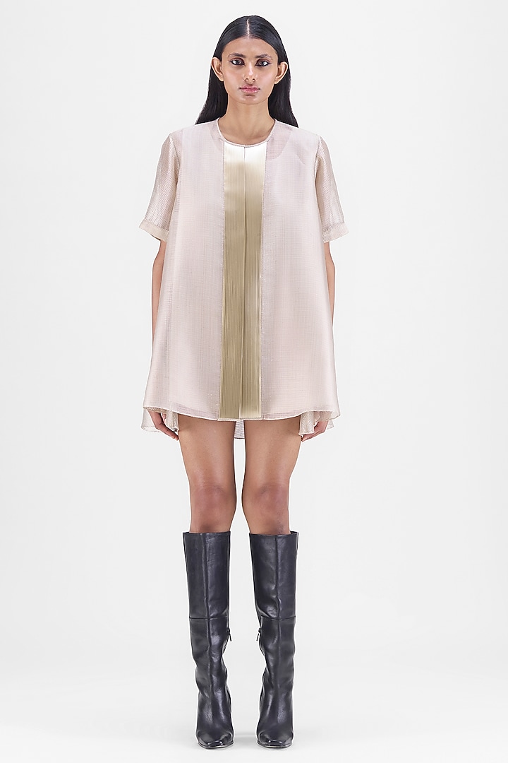 Sand Beige Ribbed Organza & Polyester Draped Wrap Shirt by Amit Aggarwal at Pernia's Pop Up Shop