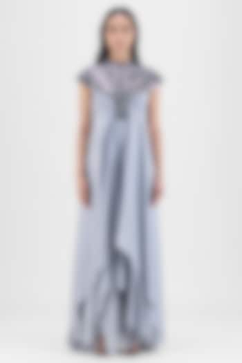 Steel Grey Chiffon & Polyester Hand-Woven Draped Paneled Cocktail Dress by Amit Aggarwal at Pernia's Pop Up Shop