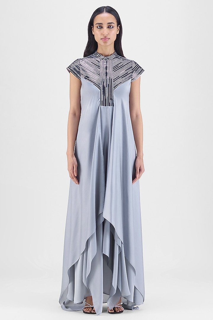Steel Grey Chiffon & Polyester Hand-Woven Draped Paneled Cocktail Dress by Amit Aggarwal at Pernia's Pop Up Shop