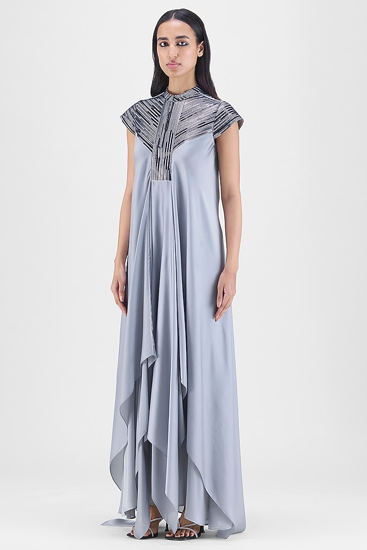 Steel Grey Chiffon & Polyester Hand-Woven Draped Paneled Cocktail Dress by Amit Aggarwal at Pernia's Pop Up Shop