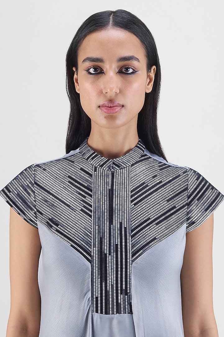 Steel Grey Chiffon & Polyester Hand-Woven Draped Paneled Cocktail Dress by Amit Aggarwal at Pernia's Pop Up Shop