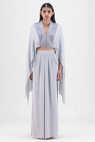 Steel Grey Chiffon Metallic Structured Cape Set by Amit Aggarwal