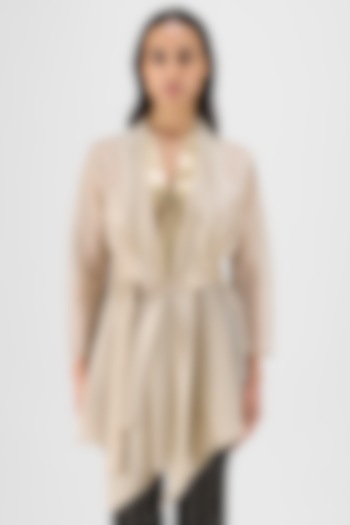 Sand Beige Ribbed Organza & Polyester Draped Shirt by Amit Aggarwal at Pernia's Pop Up Shop