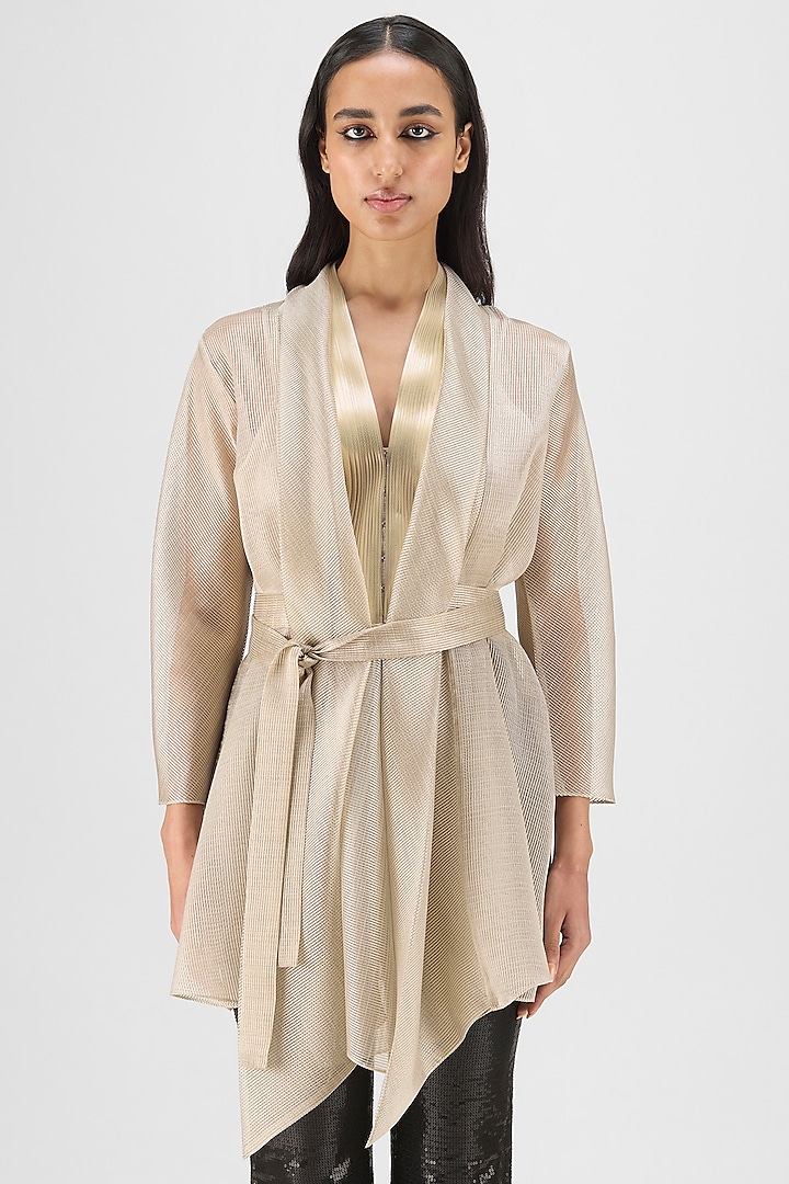 Sand Beige Ribbed Organza & Polyester Draped Shirt by Amit Aggarwal at Pernia's Pop Up Shop
