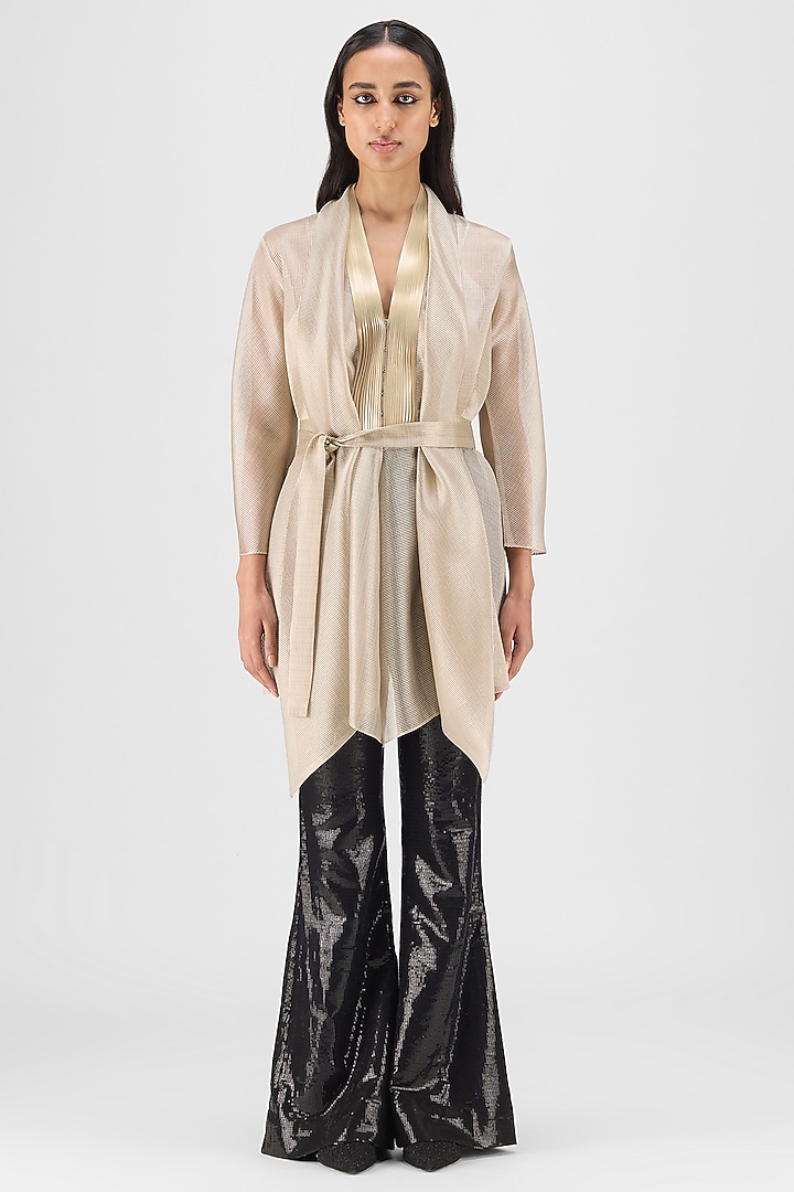 Sand Beige Ribbed Organza & Polyester Draped Shirt by Amit Aggarwal at Pernia's Pop Up Shop