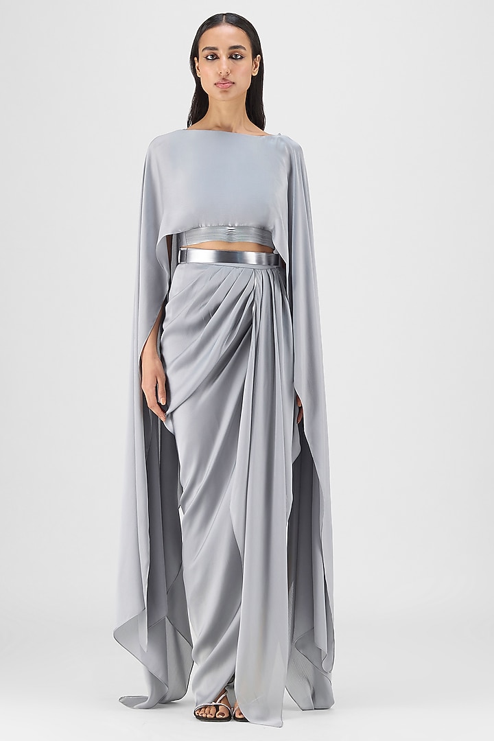 Steel Grey Chiffon & Polyester Draped Skirt Set by Amit Aggarwal at Pernia's Pop Up Shop