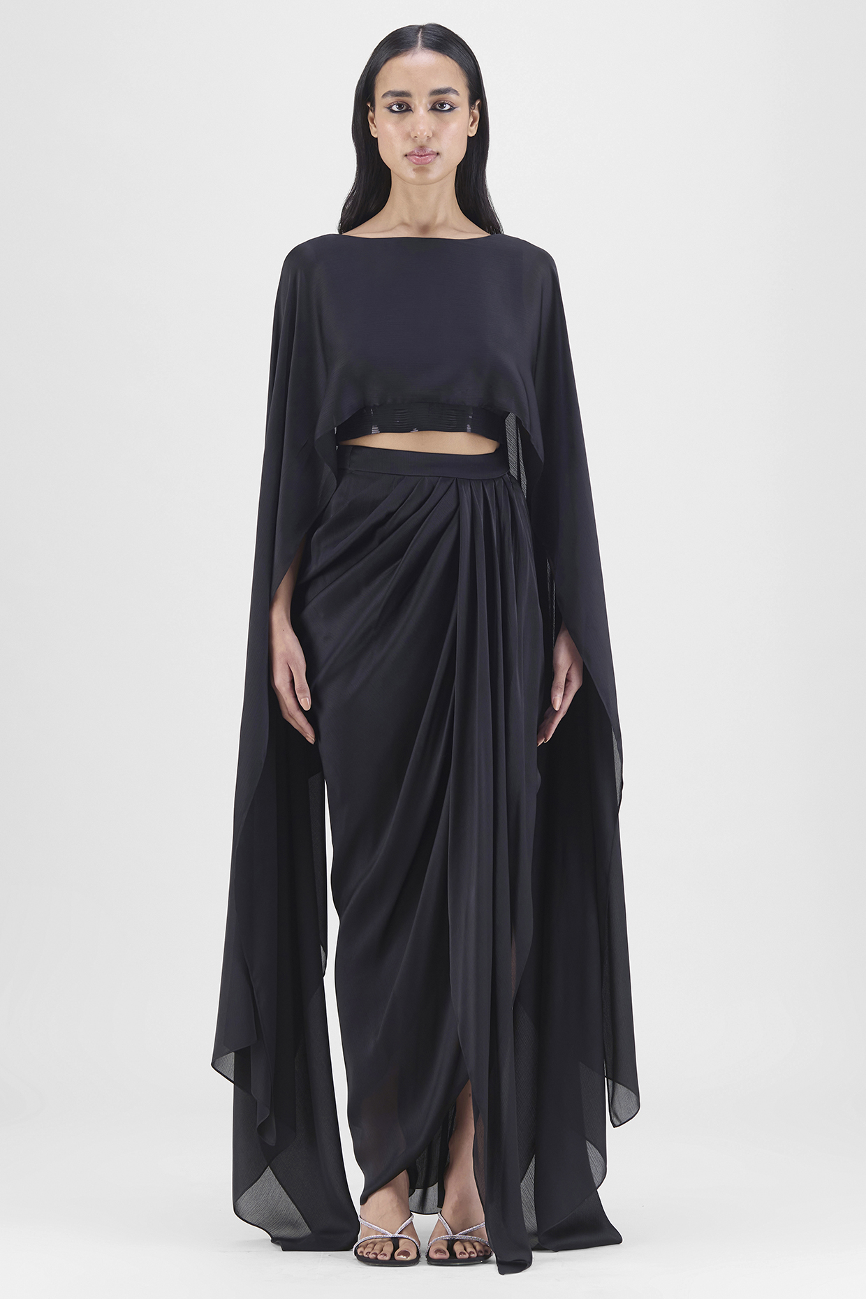 Black Chiffon & Polyester Draped Skirt Set by Amit Aggarwal at Pernia's Pop Up Shop