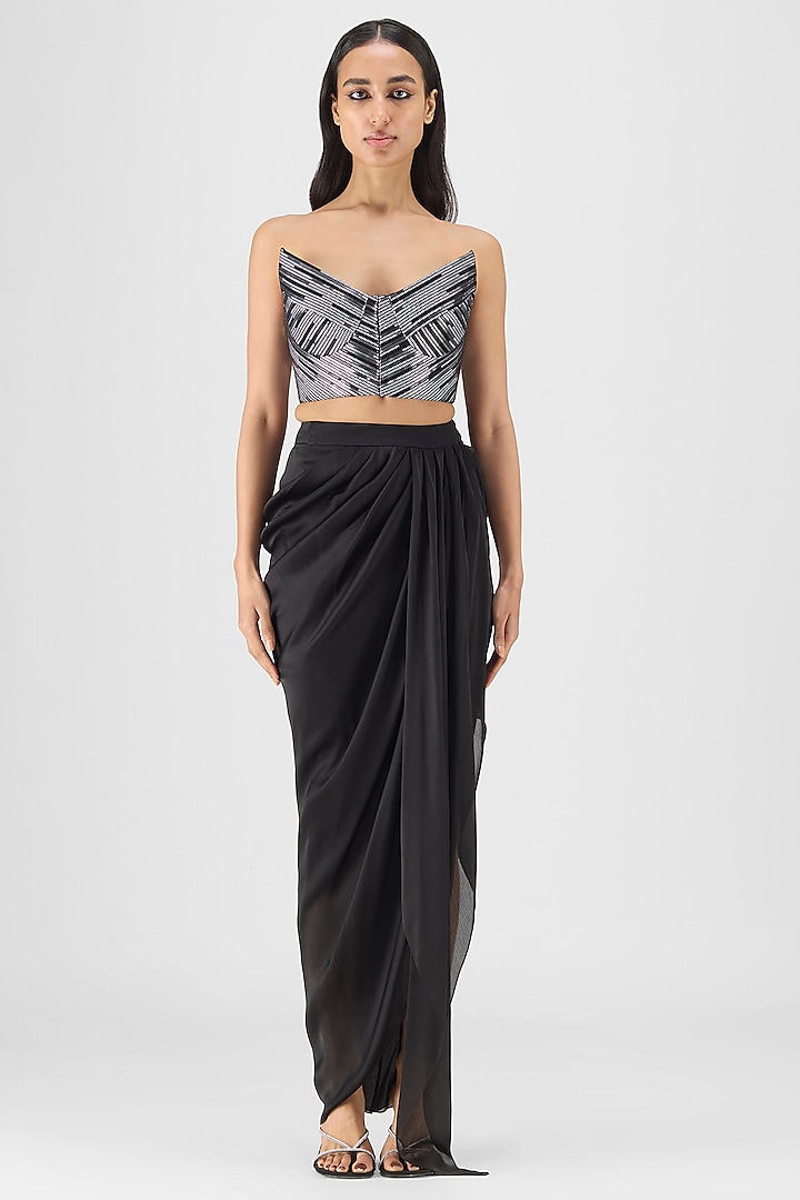 Black Chiffon & Polyester Hand-Woven Draped Skirt Set by Amit Aggarwal at Pernia's Pop Up Shop