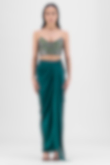 Emerald Green Chiffon & Polyester Hand-Woven Draped Skirt Set by Amit Aggarwal at Pernia's Pop Up Shop