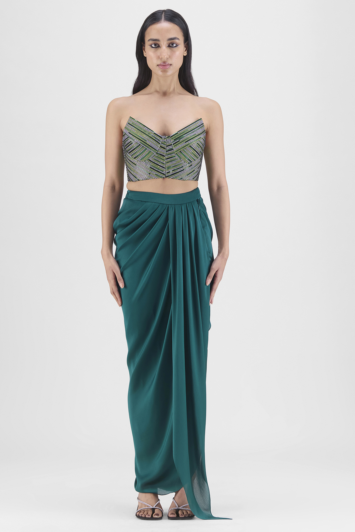 Emerald Green Chiffon & Polyester Hand-Woven Draped Skirt Set by Amit Aggarwal at Pernia's Pop Up Shop