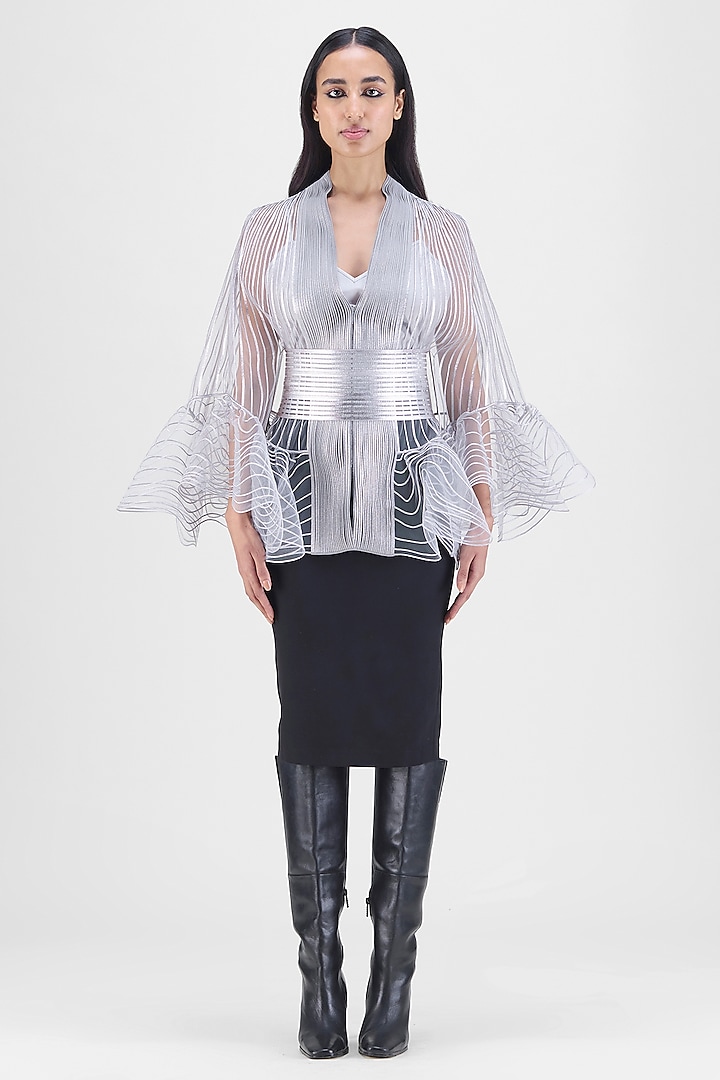 Steel Grey Tulle & Nylon Metallic Ruffled Cape by Amit Aggarwal at Pernia's Pop Up Shop