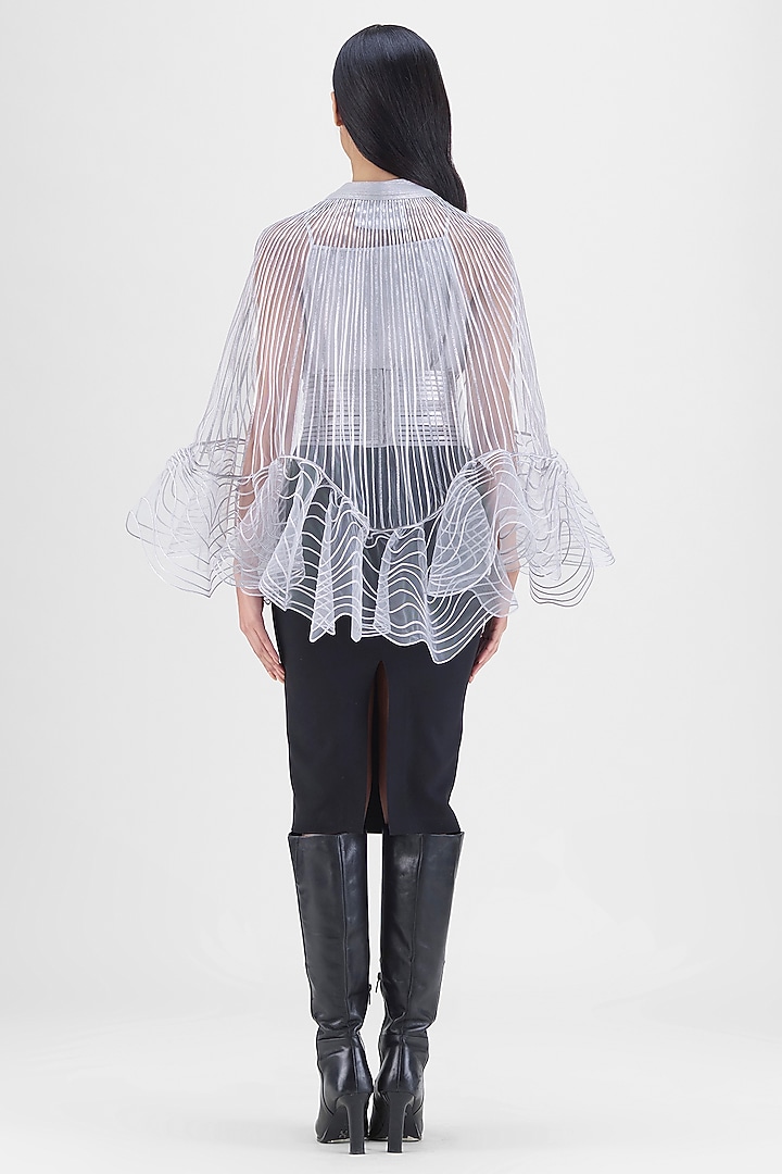 Steel Grey Tulle & Nylon Metallic Ruffled Cape by Amit Aggarwal at Pernia's Pop Up Shop