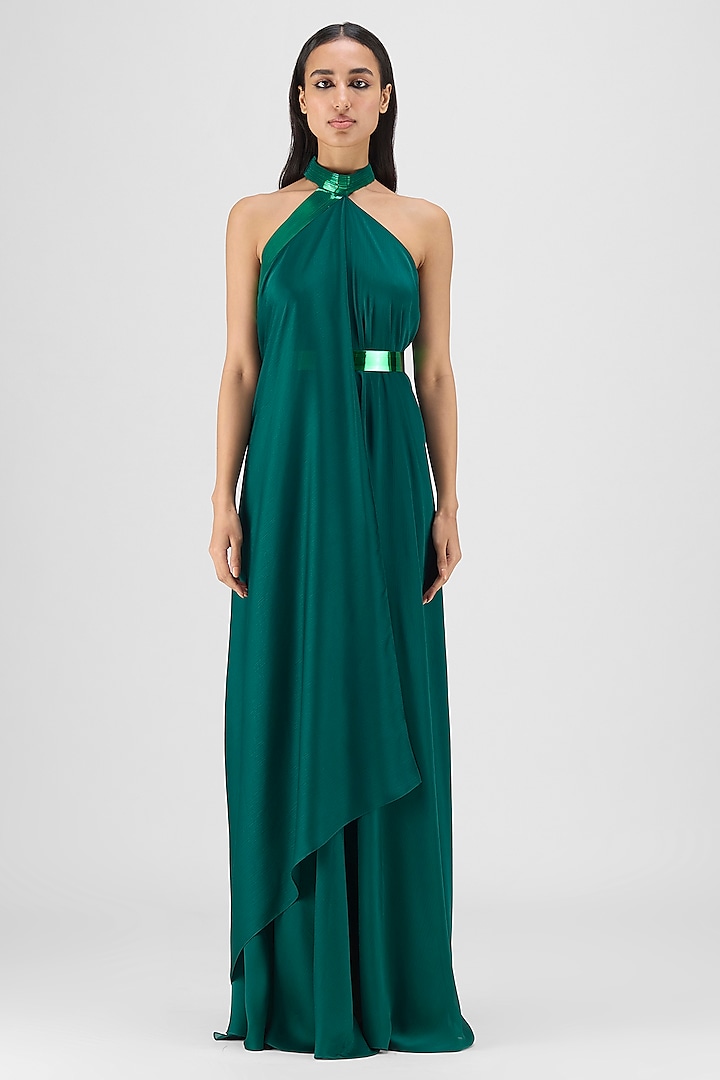 Emerald Green Chiffon & Polyester Fluid Halter Cocktail Dress by Amit Aggarwal at Pernia's Pop Up Shop