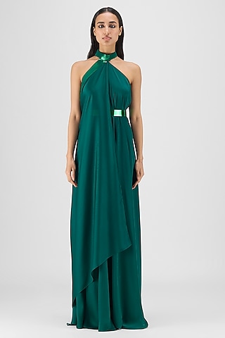 Emerald Green Chiffon & Polyester Fluid Halter Dress by Amit Aggarwal
