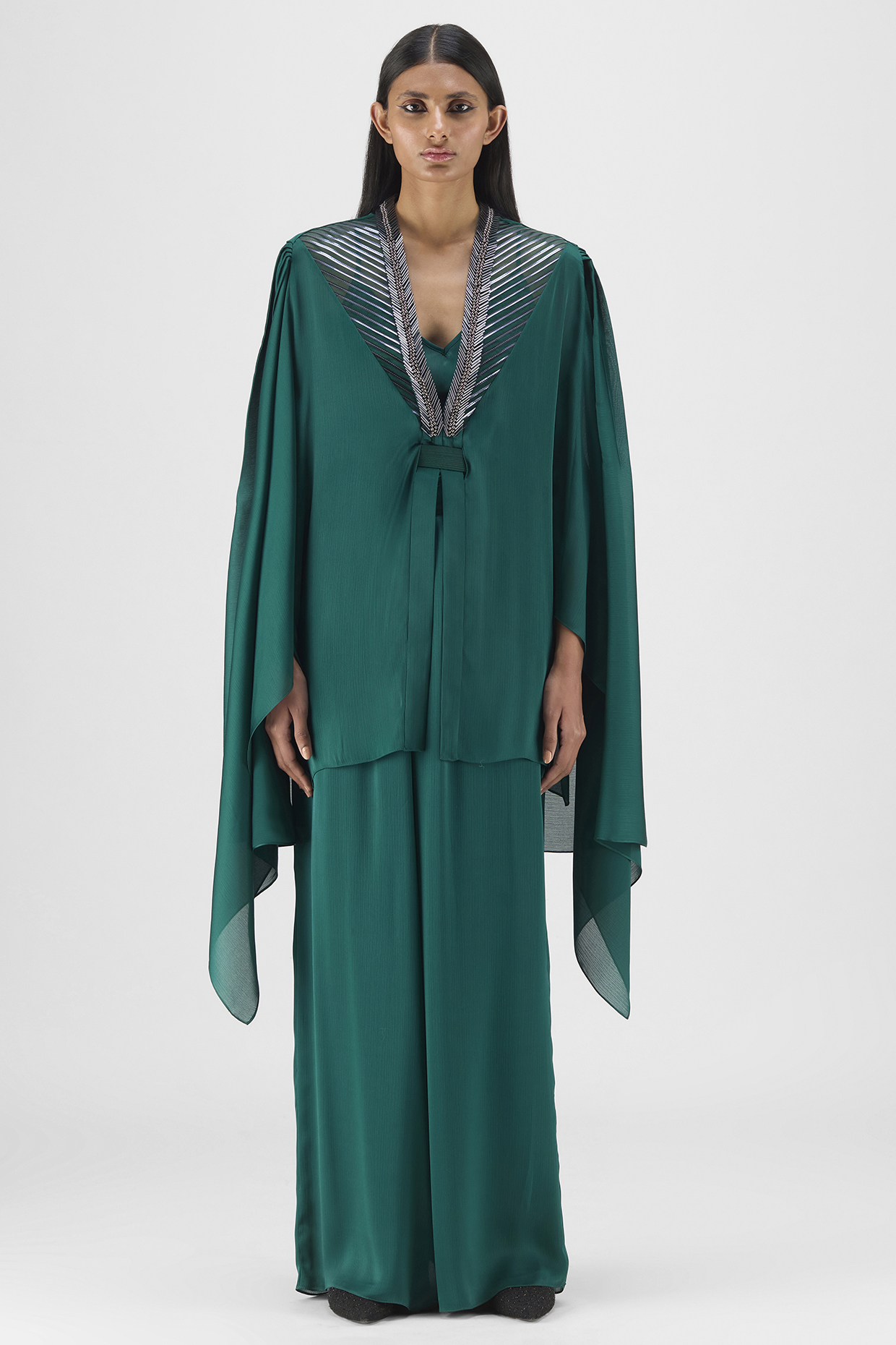 Emerald Green Chiffon & Polyester Metallic Structured Cape by Amit Aggarwal at Pernia's Pop Up Shop