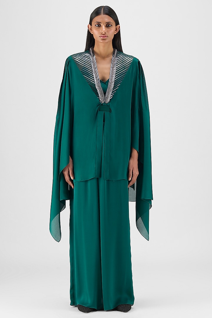Emerald Green Chiffon & Polyester Metallic Structured Cape by Amit Aggarwal at Pernia's Pop Up Shop