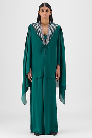 Emerald Green Chiffon & Polyester Metallic Structured Cape by Amit Aggarwal