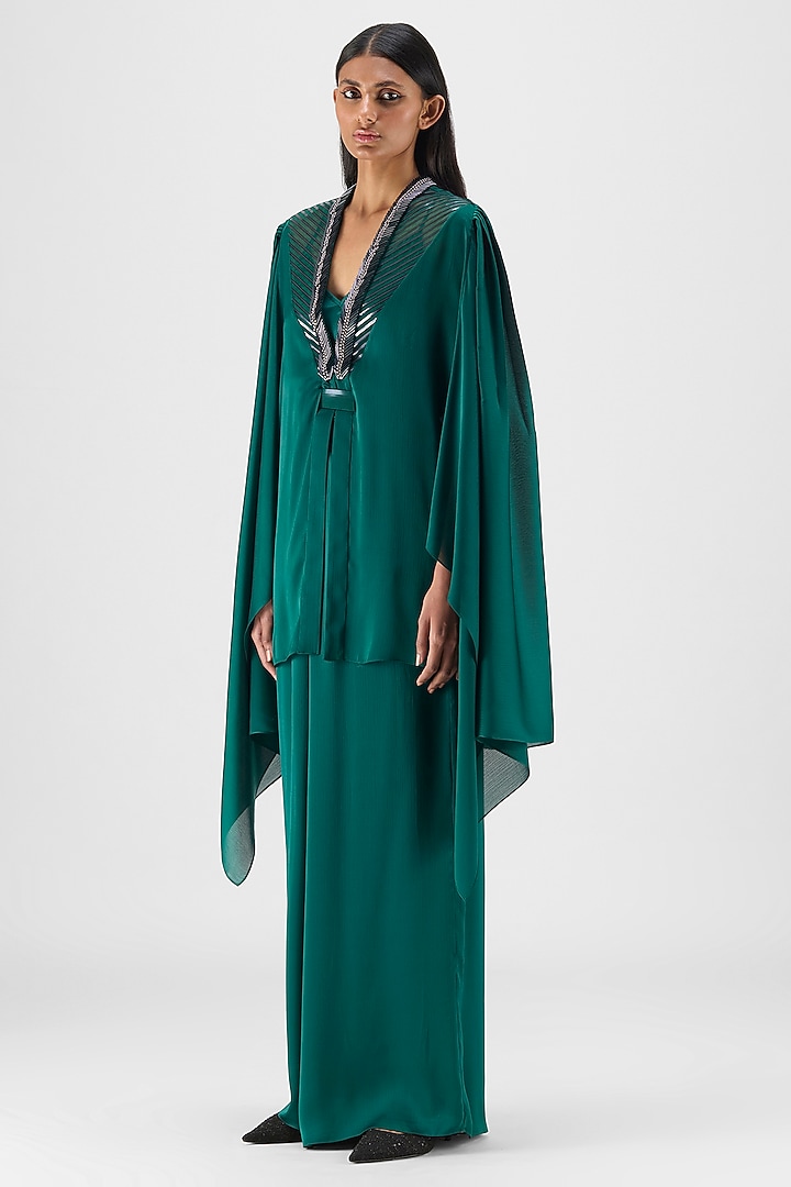 Emerald Green Chiffon & Polyester Metallic Structured Cape by Amit Aggarwal at Pernia's Pop Up Shop
